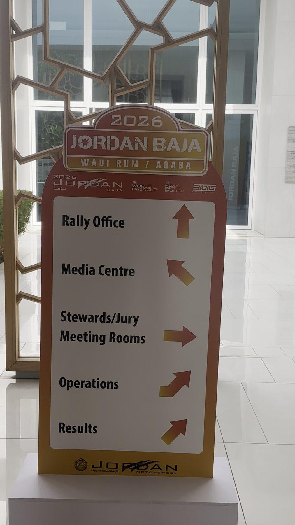 Directional sign to the rally office, media centre and results.