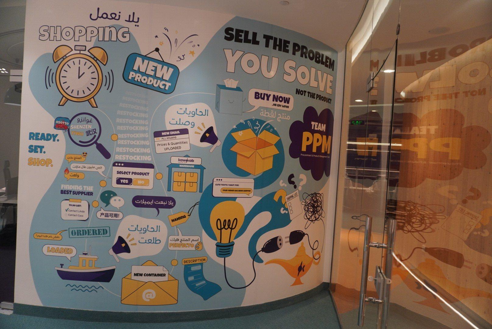 A colourful printed wall mural with infographic icons along a glass-fronted corridor.