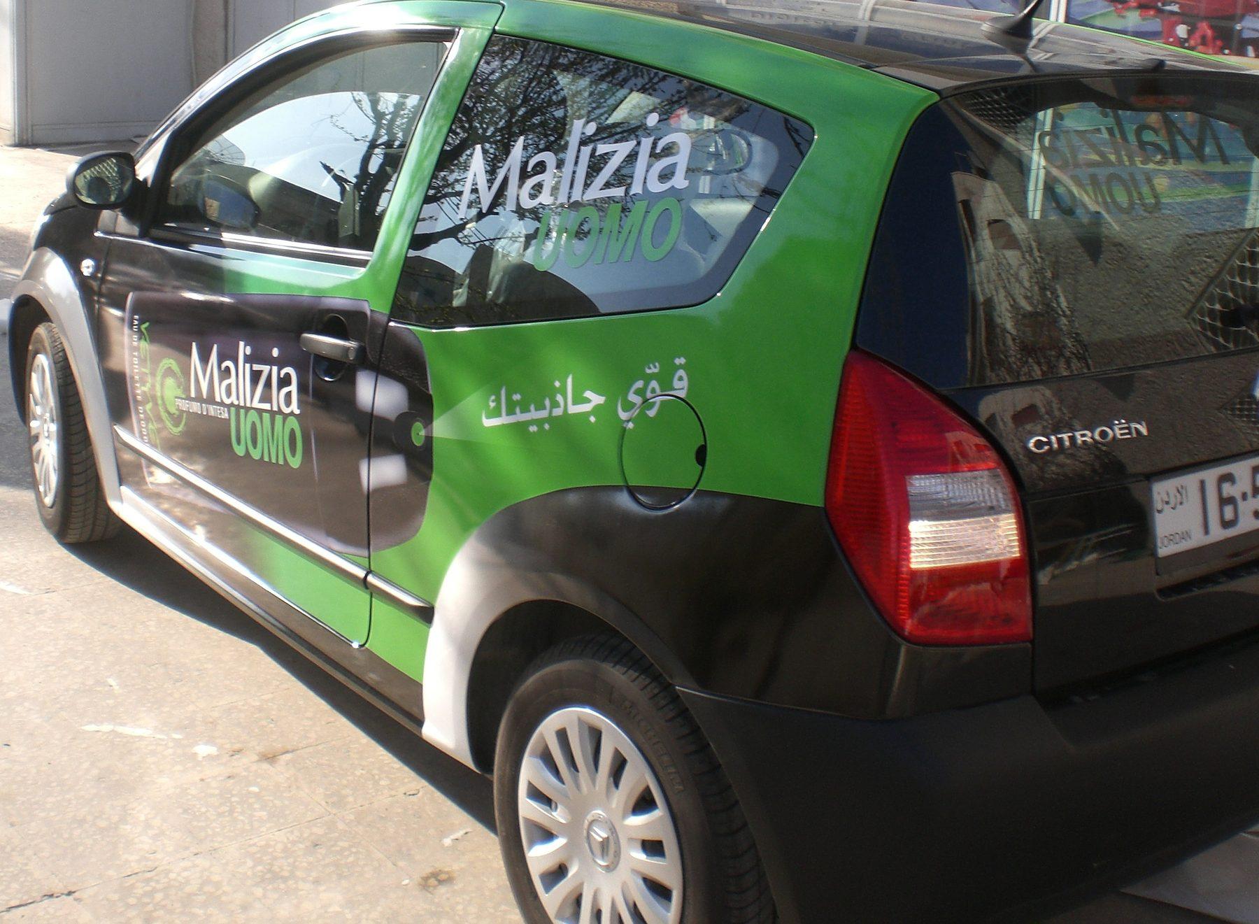 Side and rear view of a green-and-black hatchback