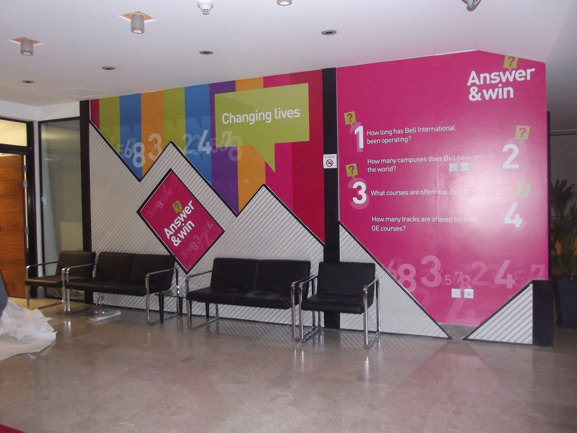 Printed wall graphic in a reception area